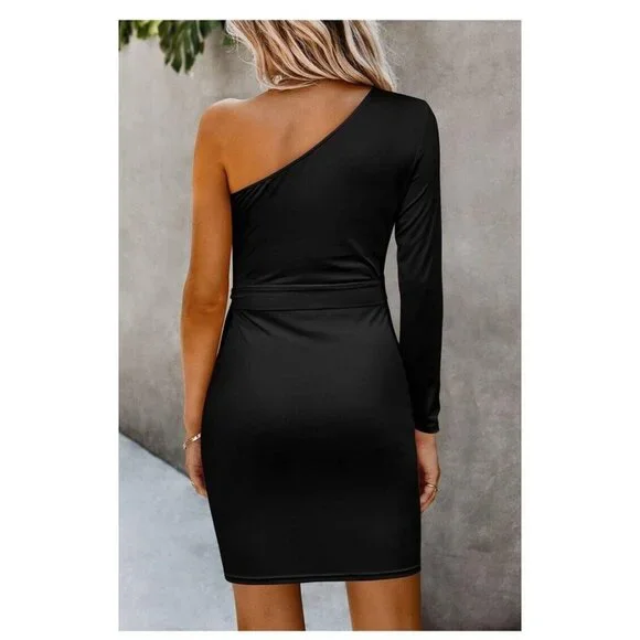 PRETTYGARDEN Women's L Sexy One Shoulder Long Sleeve Black Mini Bodycon NWT - Picture 2 of 5